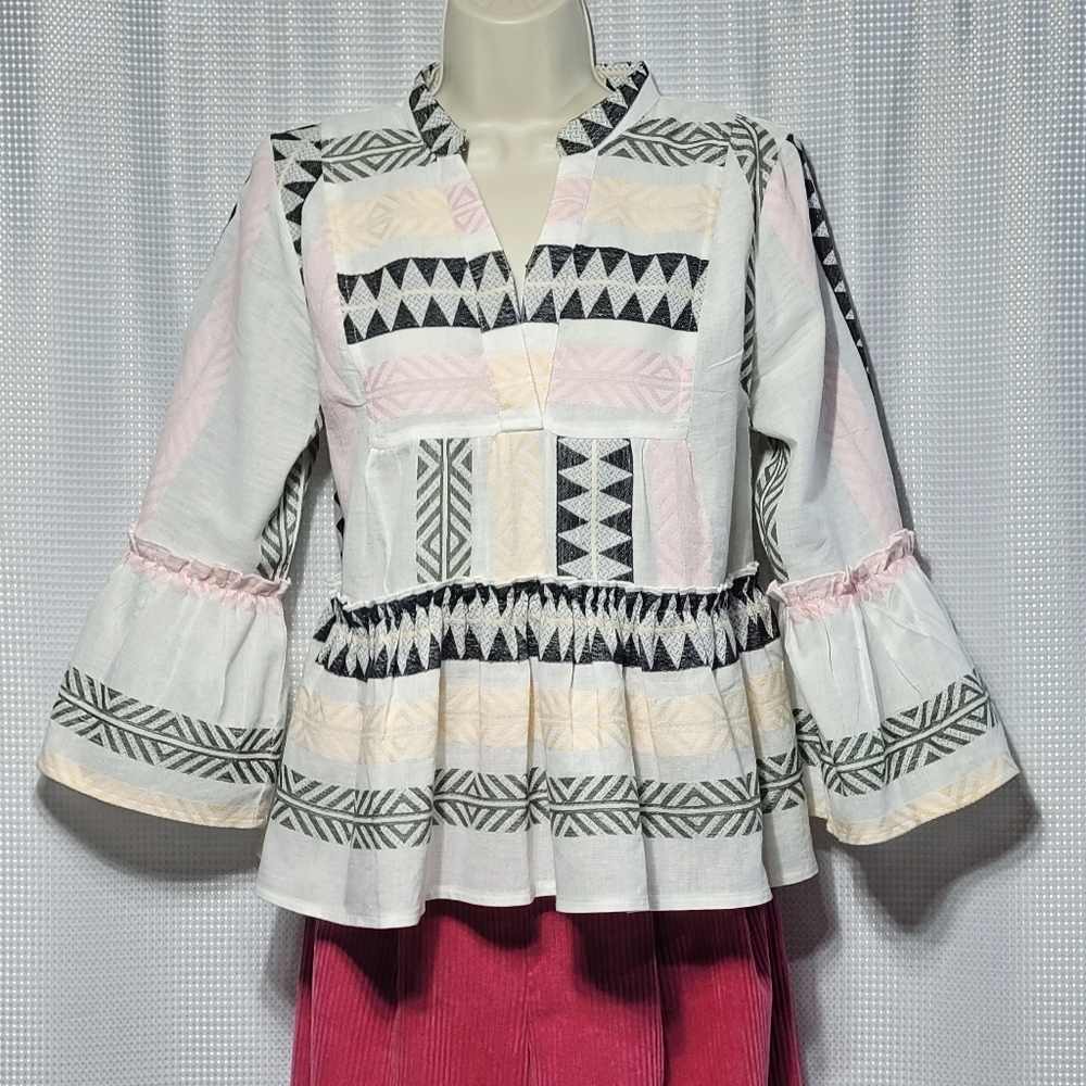 Mi Ami Aztec Southwestern Ruffles & Bell Sleeves Cotton Blouse Women's (M)